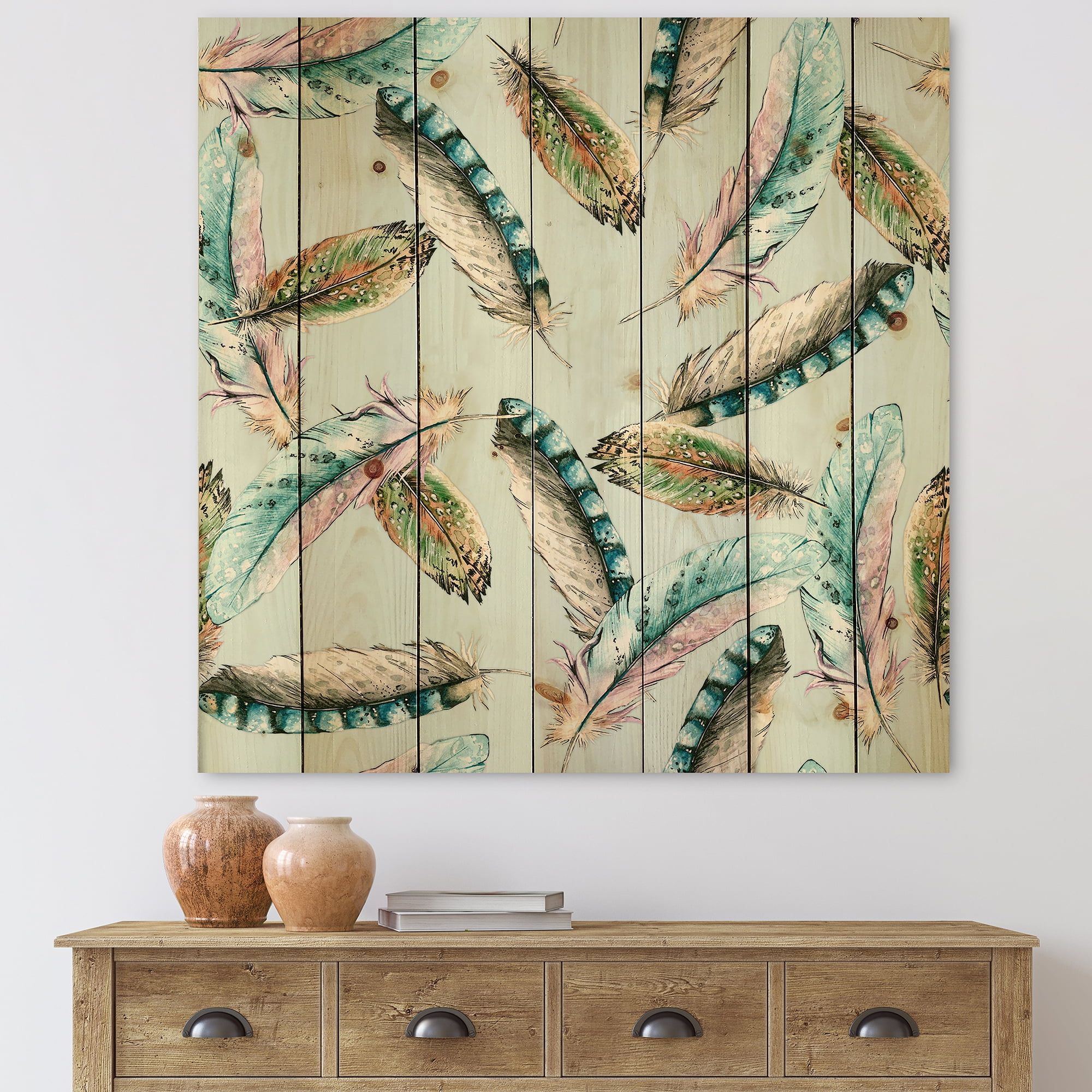 Designart 'Green Bird Feathers On Blue Background' Bohemian & Eclectic Print on Natural Pine Wood