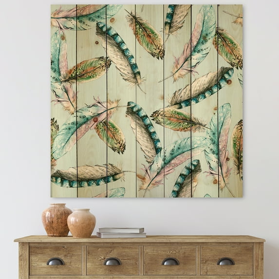 Designart 'Green Bird Feathers On Blue Background' Bohemian & Eclectic Print on Natural Pine Wood