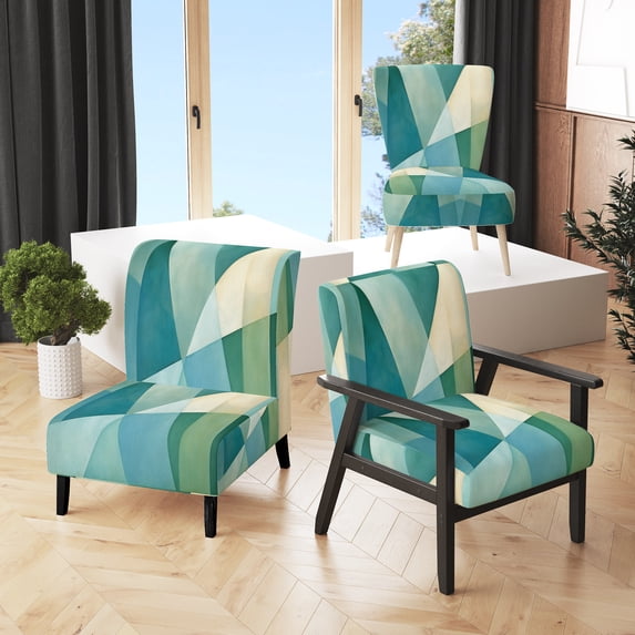 Designart "Green Blue Abstract Geometric Fusion II" Upholstered Abstract Shapes Accent Chair and Modern & Contemporary Arm Chair - Multiple Color & Pattern
