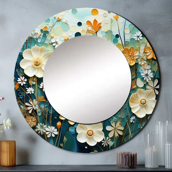 Designart "Green Blue Calm Oasis II" Abstract Botanicals Rund Mirror For Wall Decor - Large Green Round Print Mirror - Round Cottage Mirror 29" x 29" Inch - Wall Mounted Round Large Mirror