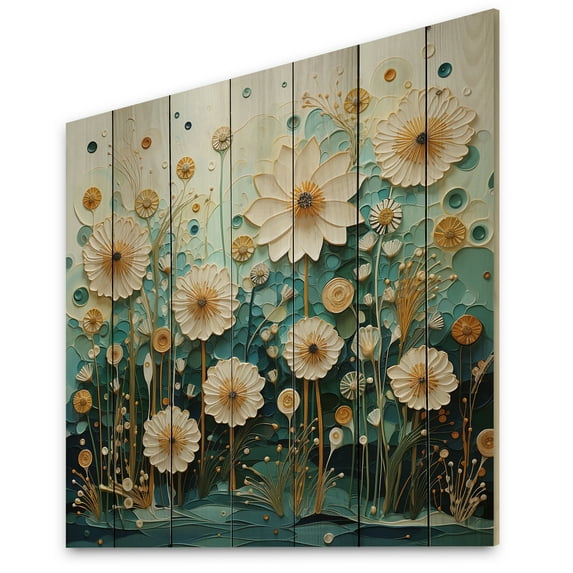 Designart "Green Blue Calm Oasis III" Abstract Botanicals Print on Natural Pine Wood