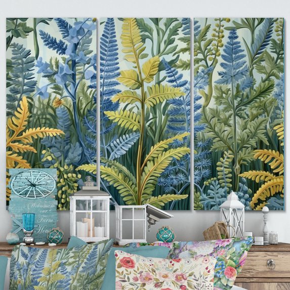 Designart "Green Blue Fern Flowers Scenery Verdant Beauty" Floral Metal Wall Art Set