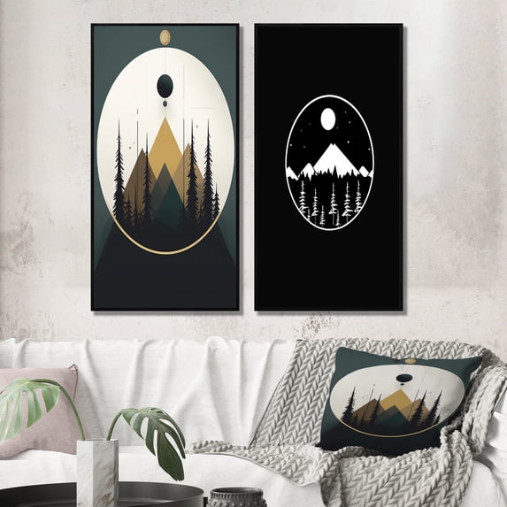 Designart "Green Blue Moonlit Peaks Minimalism" Abstract Landscape Framed Wall Art Set Of 2 - Modern Blue Frame Gallery Set For Office Decor