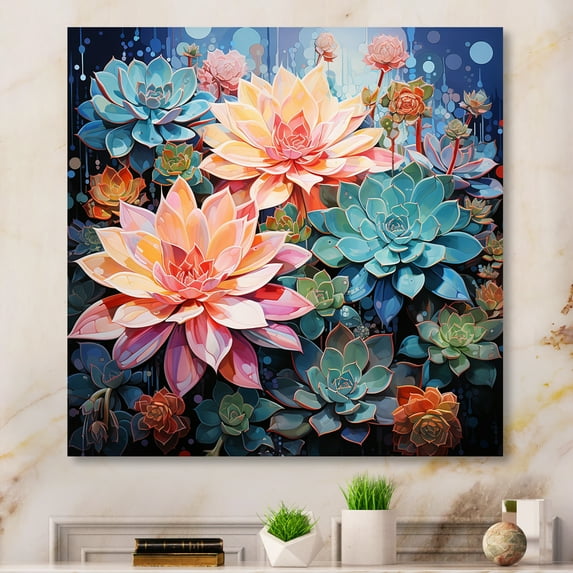 Designart "Green Blue Succulent Charm IV" Floral Metal Wall Art Prints