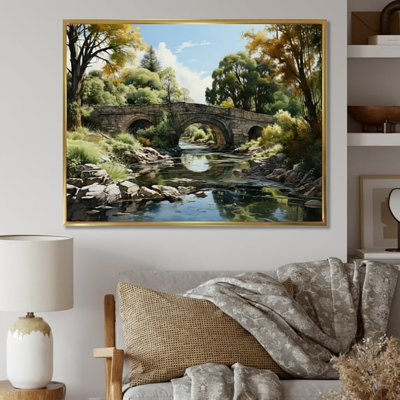 Designart "Green Bridge peaceful Arch II" Architecture Floater Framed Wall Decor