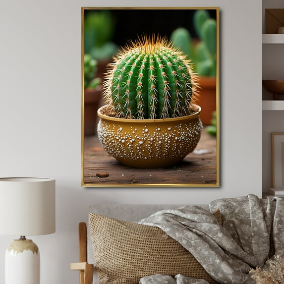 Designart "Green Brown Cactus Representation Colorfuled Acrylic" Floral & Botanical Floater Framed Canvas Print