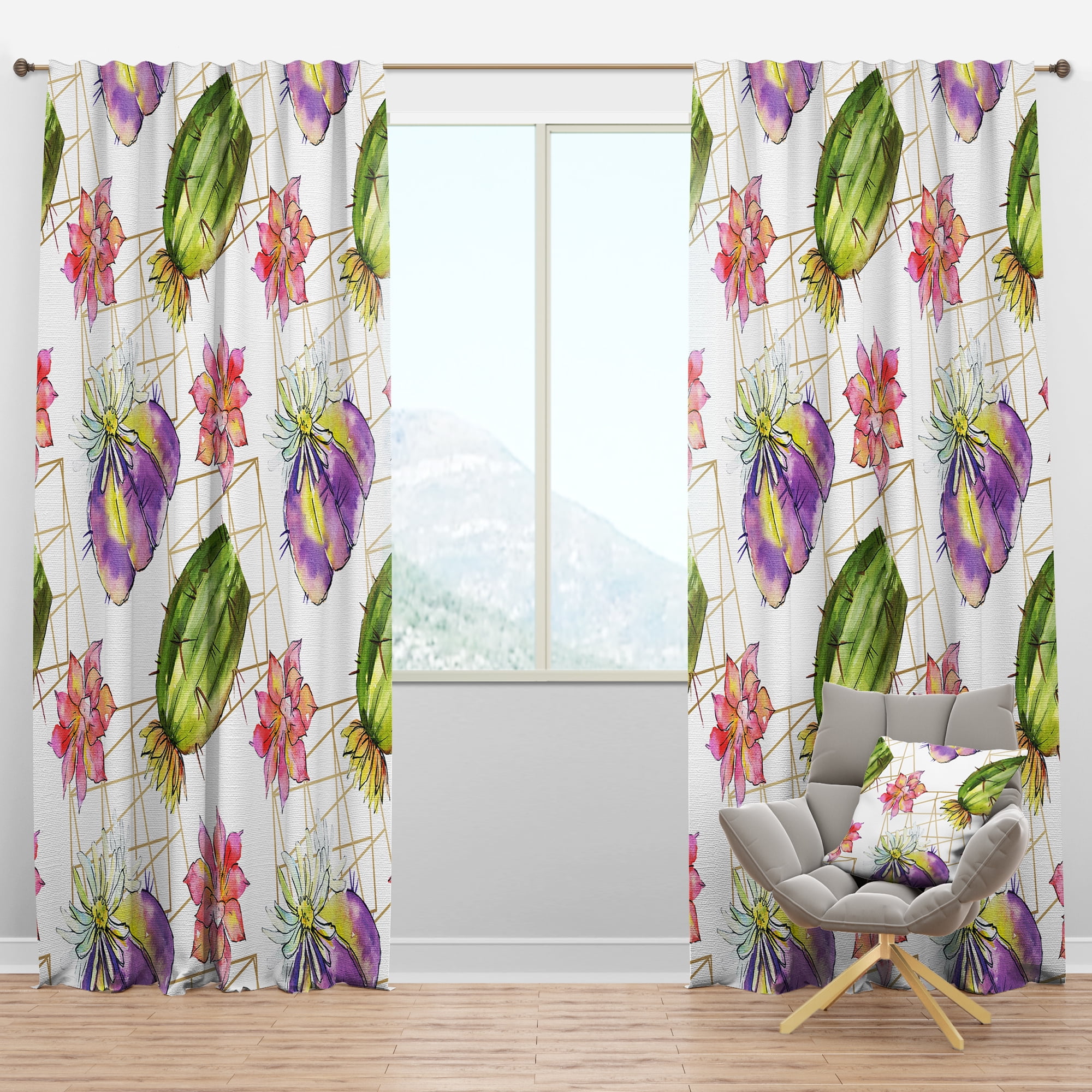 Designart 'Green Cactus Pattern On White' Mid-Century Modern Blackout Curtain Panel