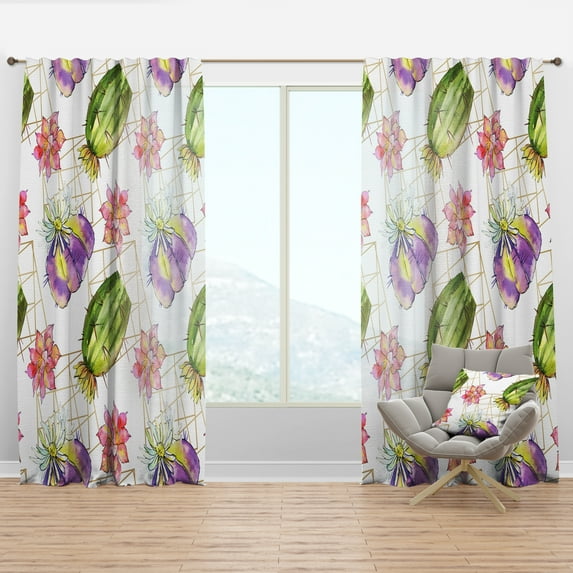 Designart 'Green Cactus Pattern On White' Mid-Century Modern Curtain Panel