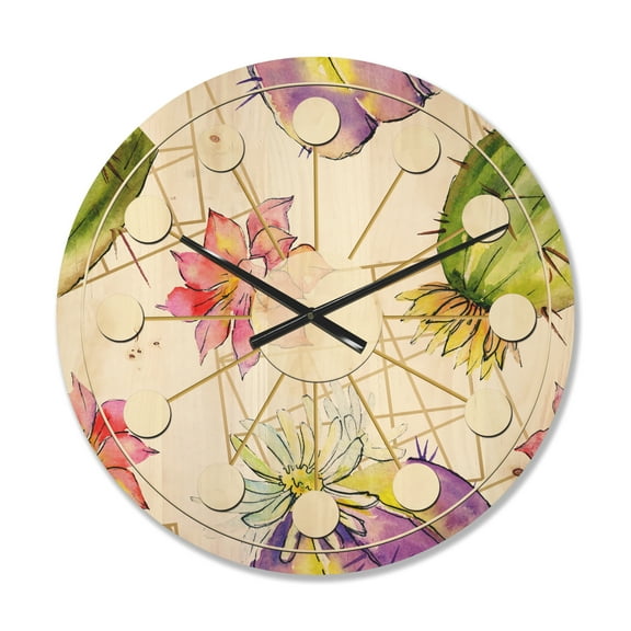 Designart 'Green Cactus Pattern On White' Mid-Century Modern Wood Wall Clock