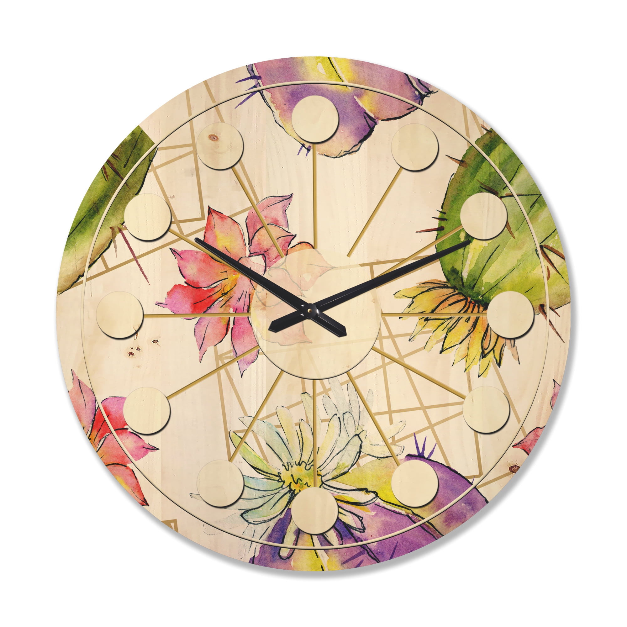 Designart 'Green Cactus Pattern On White' Mid-Century Modern Wood Wall Clock