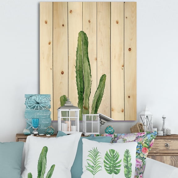 Designart 'Green Cactus South Western Plant' Botanical Print on Natural Pine Wood