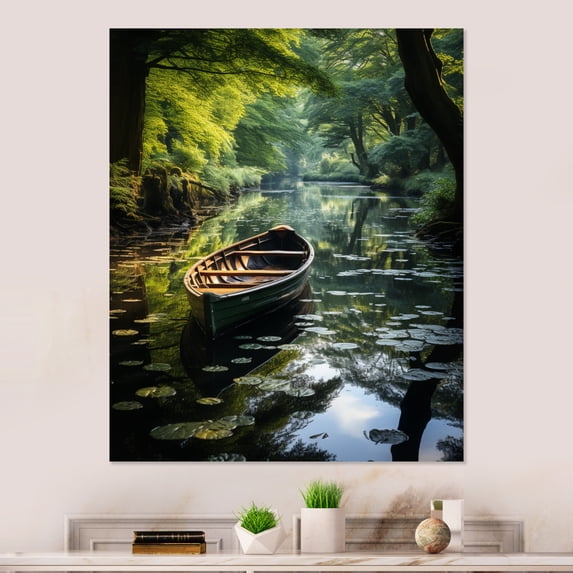 Designart "Green Canal peaceful Reflections" Canals Metal Art Print
