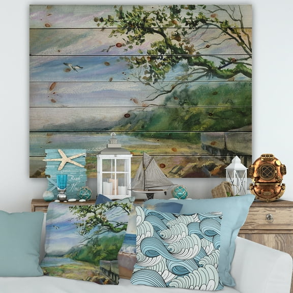 Designart 'Green Coast of The Baltic Sea' Nautical & Coastal Print on Natural Pine Wood