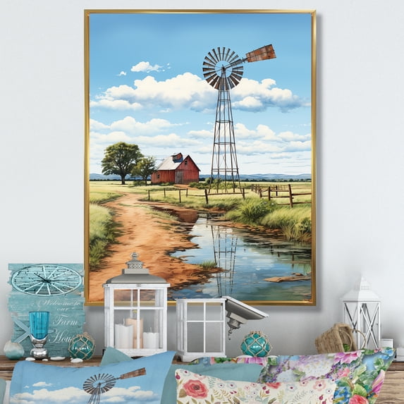 Designart "Green Coral Mills Windmill " Cityscapes Floater Framed Canvas Art Print