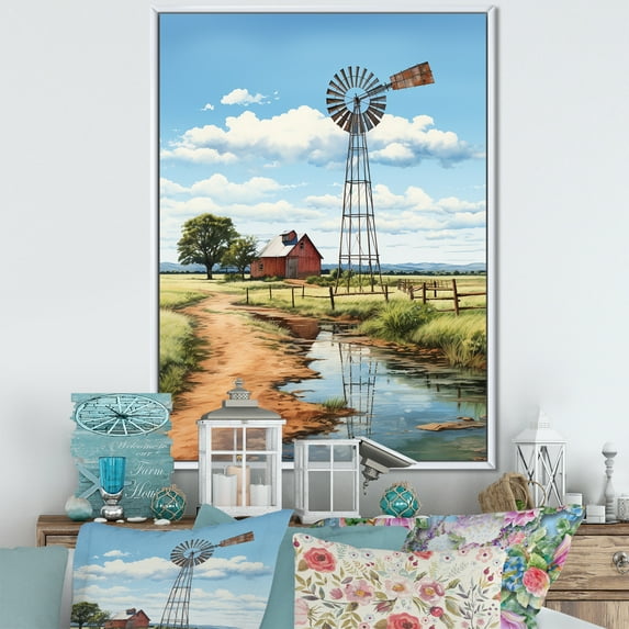 Designart "Green Coral Mills Windmill " Cityscapes Floater Framed Canvas Art Print