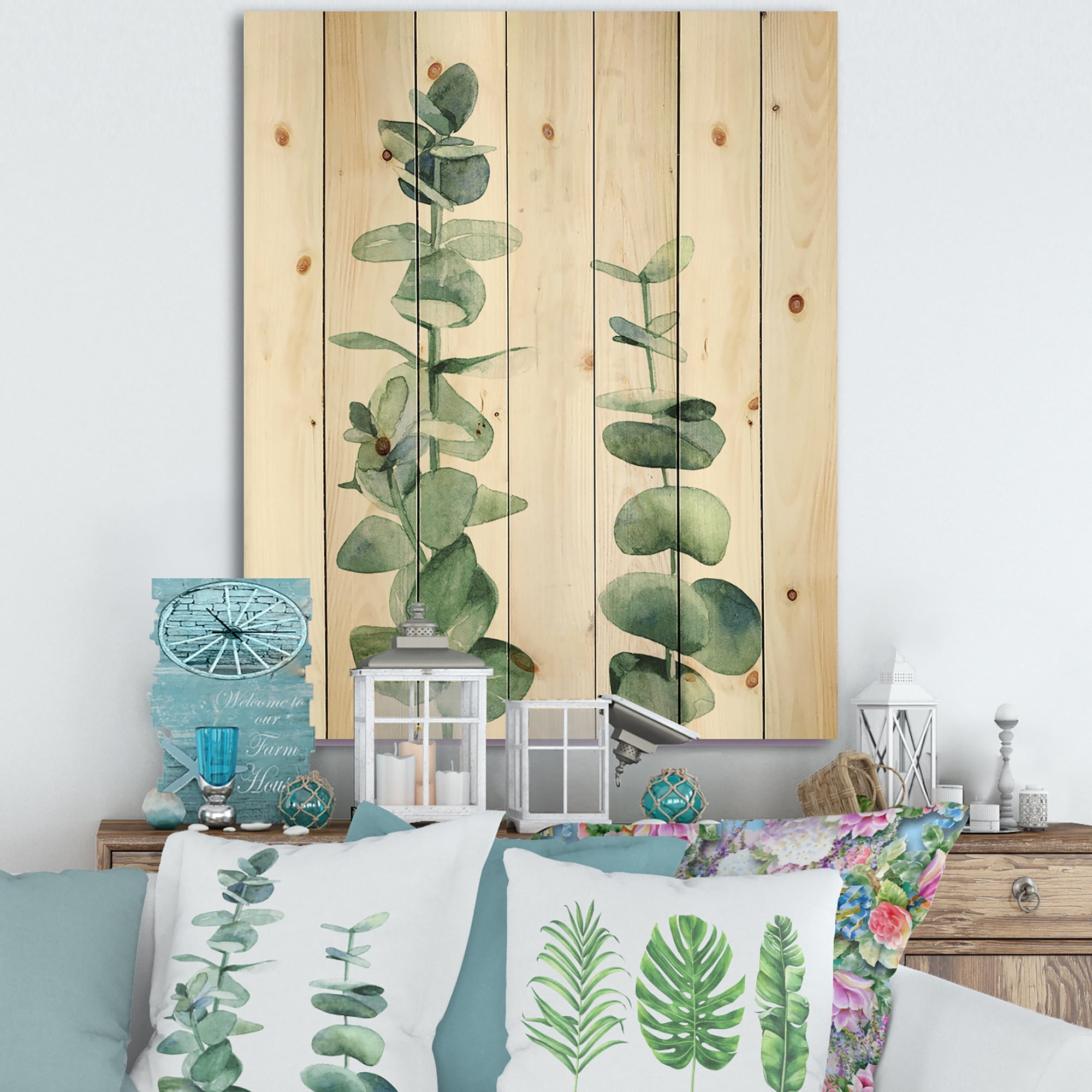 Designart 'Green Eucalyptus Branch' Tropical Print on Natural Pine Wood