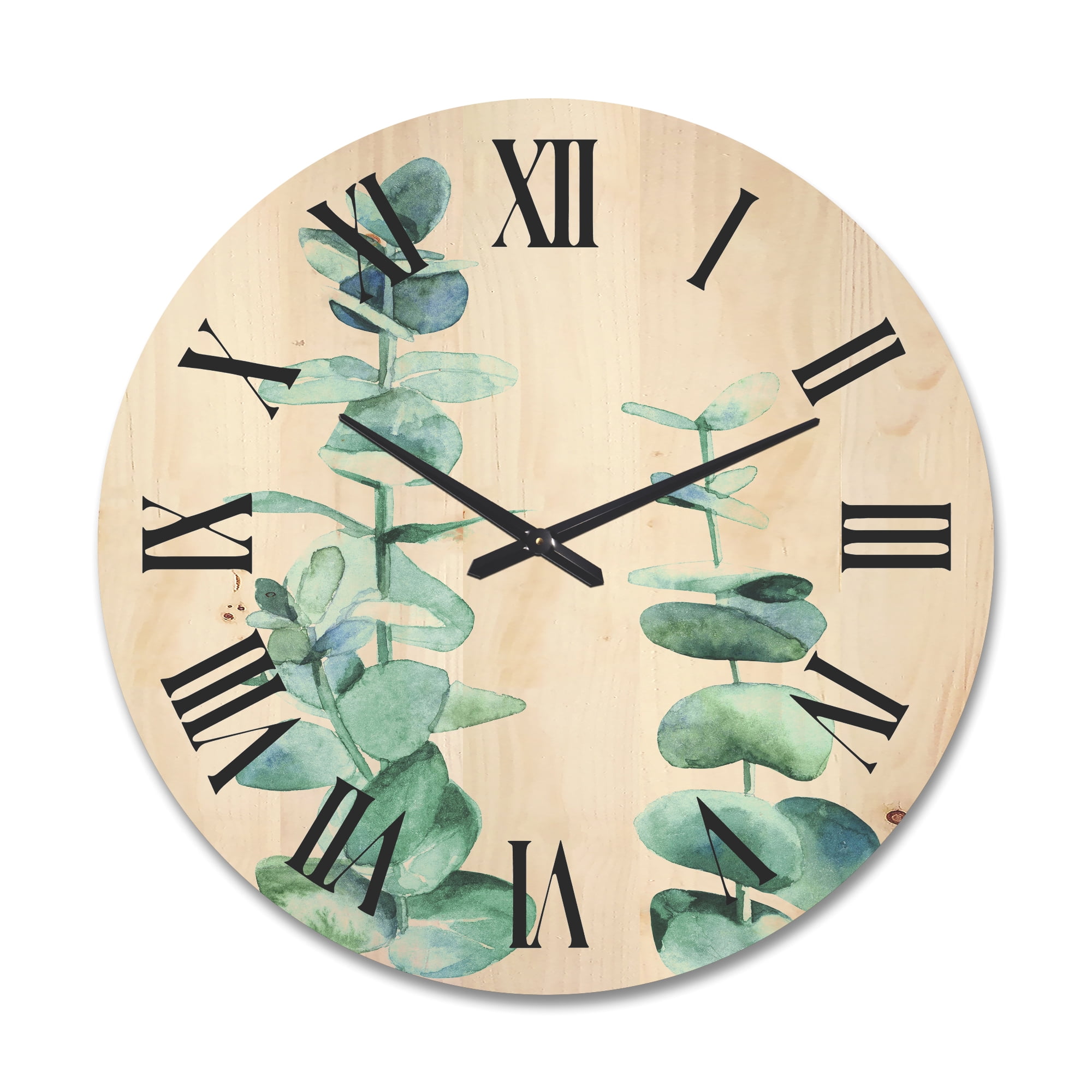 Designart 'Green Eucalyptus Branch' Tropical Wood Wall Clock