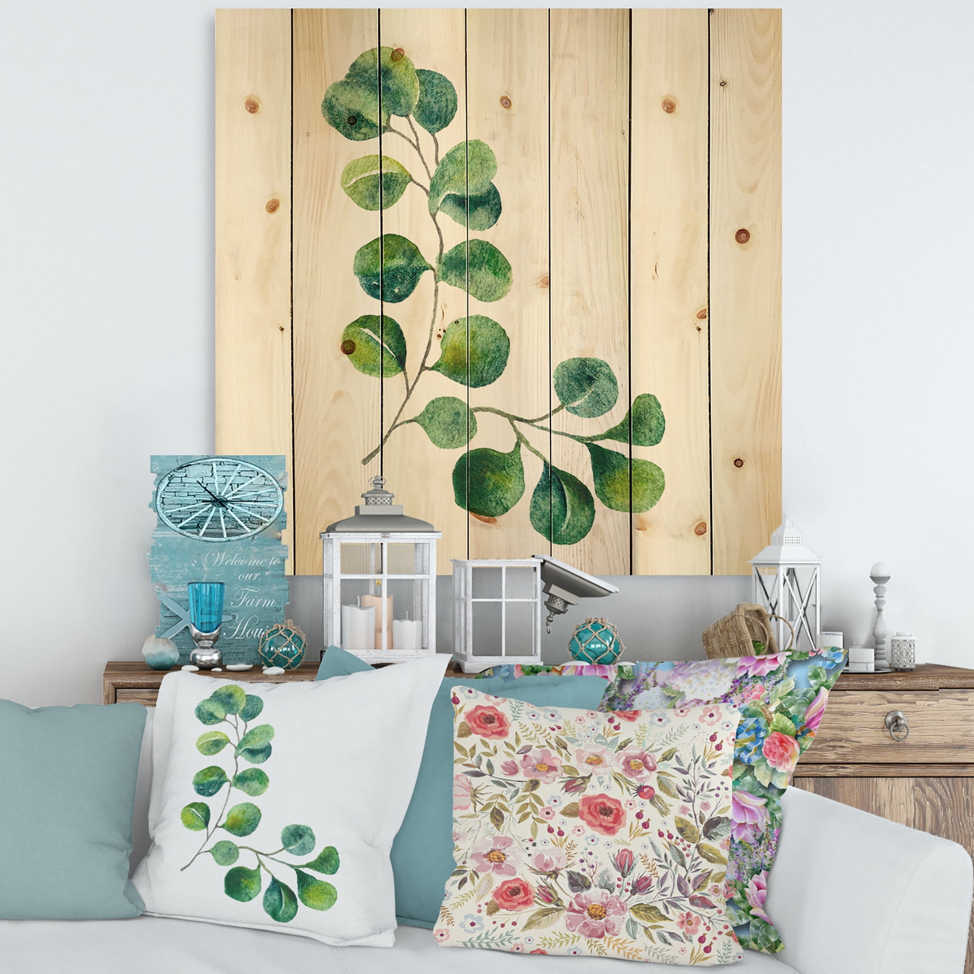 Designart 'Green Eucalyptus Plant Branches II' Traditional Print on Natural Pine Wood