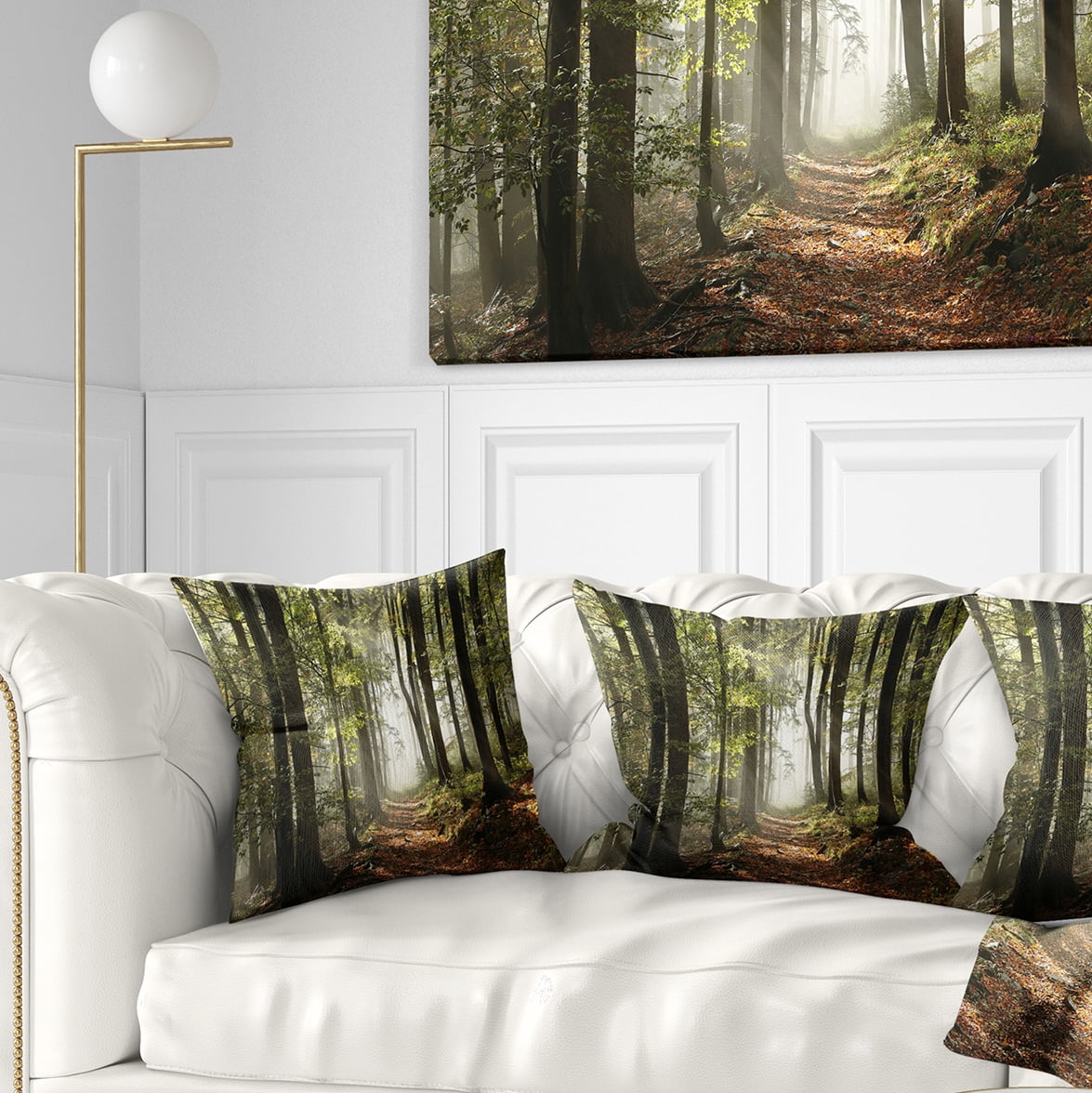 Designart Green Fall Forest with Sun Rays - Landscape Photography Throw Pillow - 18x18