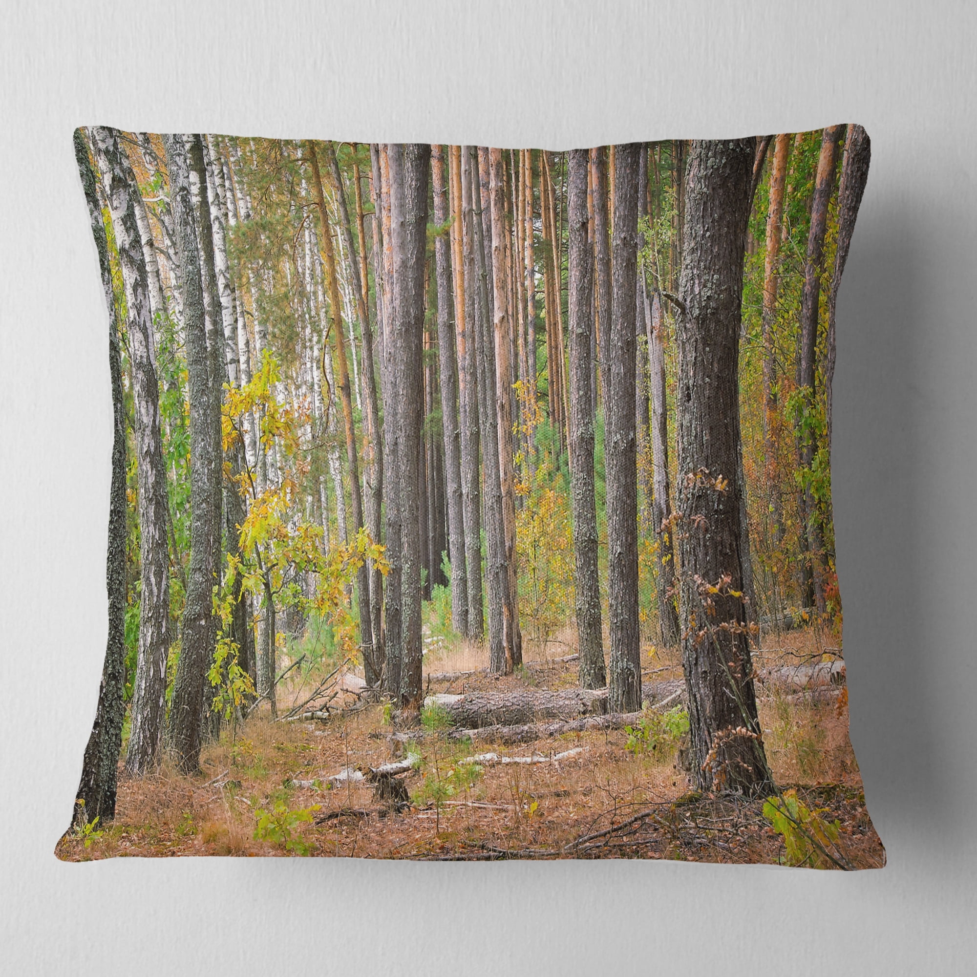 Designart Green Fall Forest with Thick Woods - Modern Forest Throw Pillow - 18x18
