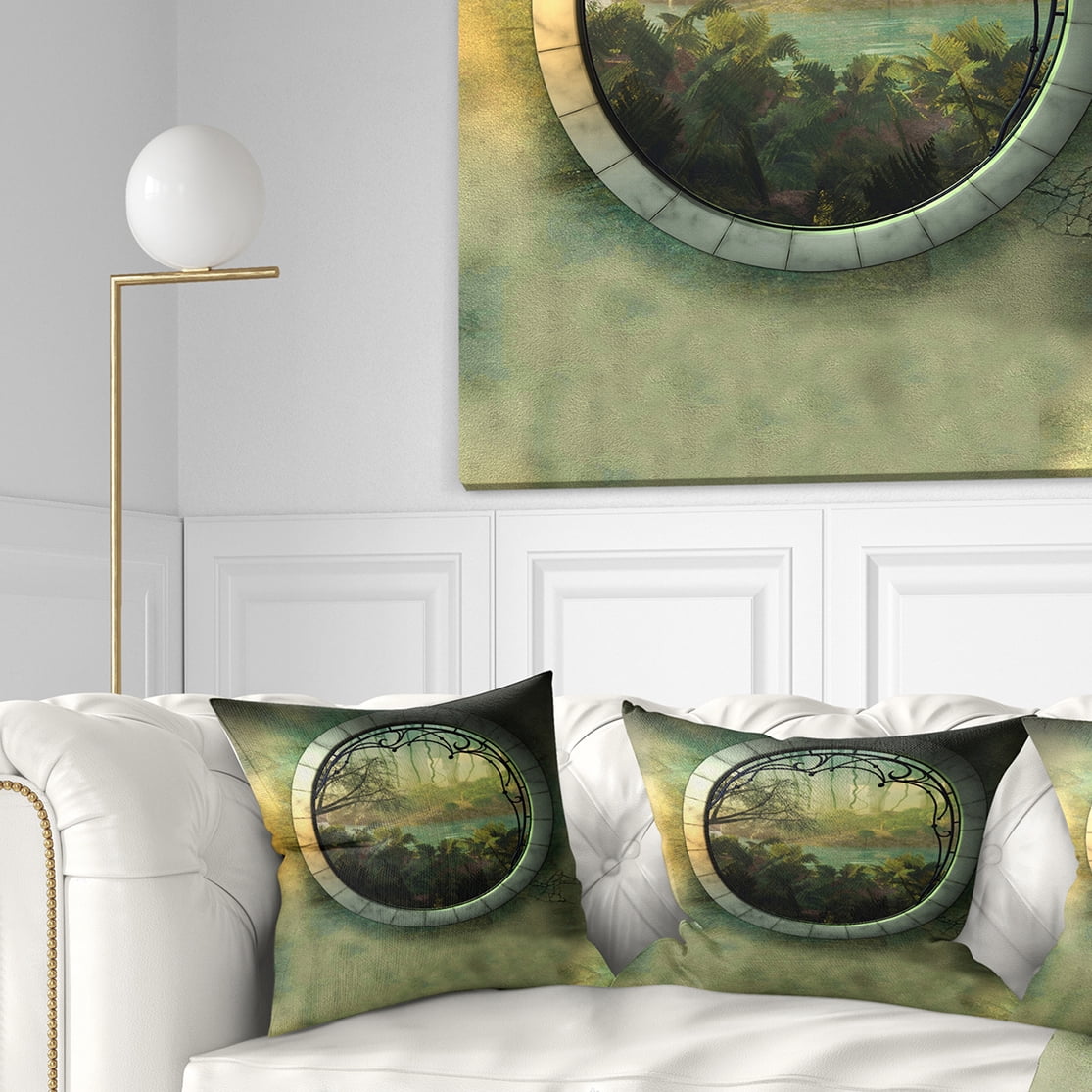 Designart Green Fantasy Landscape with Frame - Photography Throw Pillow - 16x16