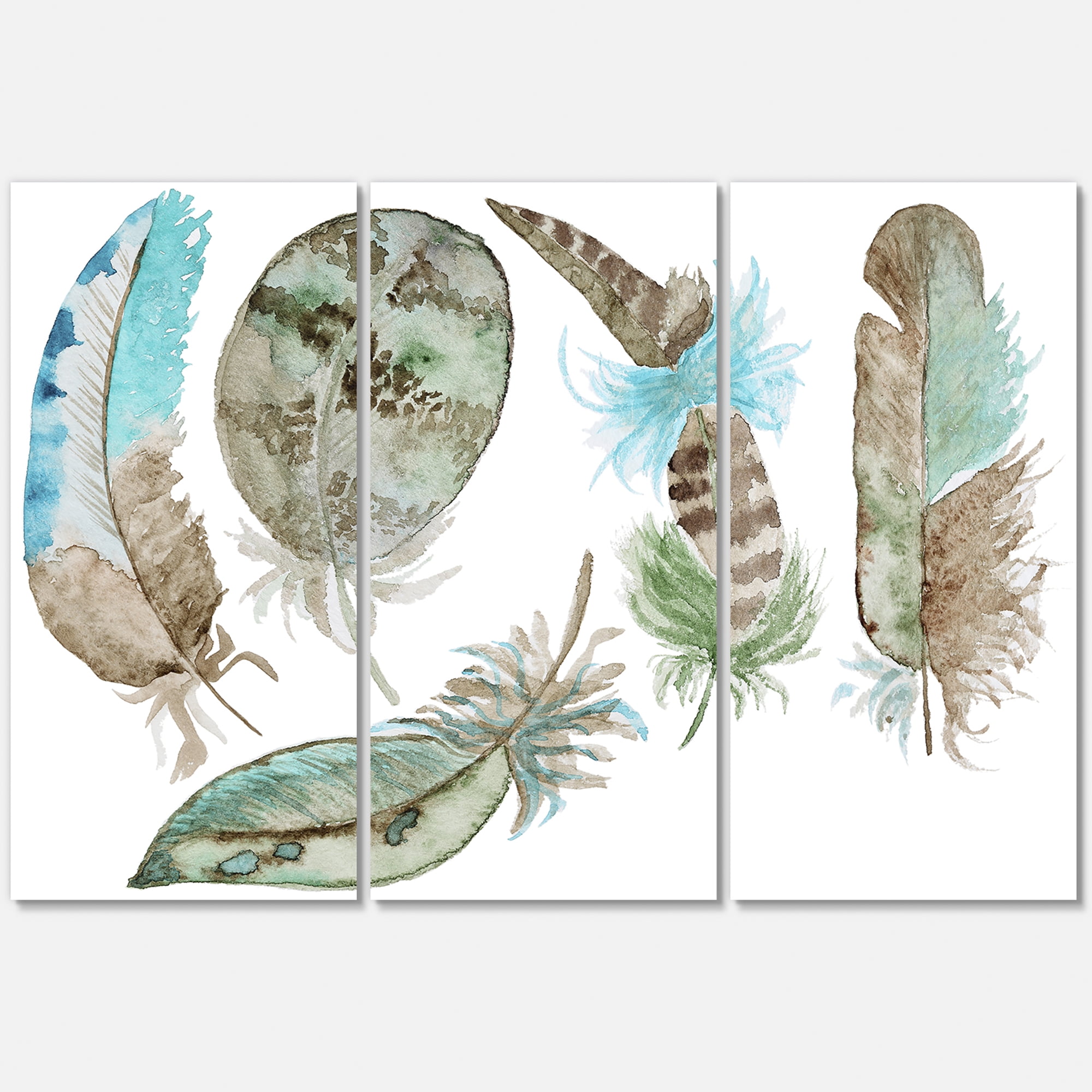 Designart ' Green Feathers Set On White ' Bohemian & Eclectic Canvas Wall Art Print