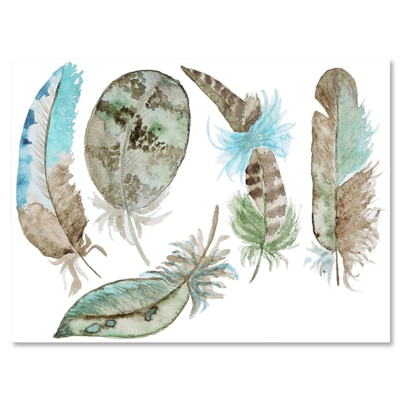 Designart ' Green Feathers Set On White ' Bohemian & Eclectic Canvas Wall Art Print