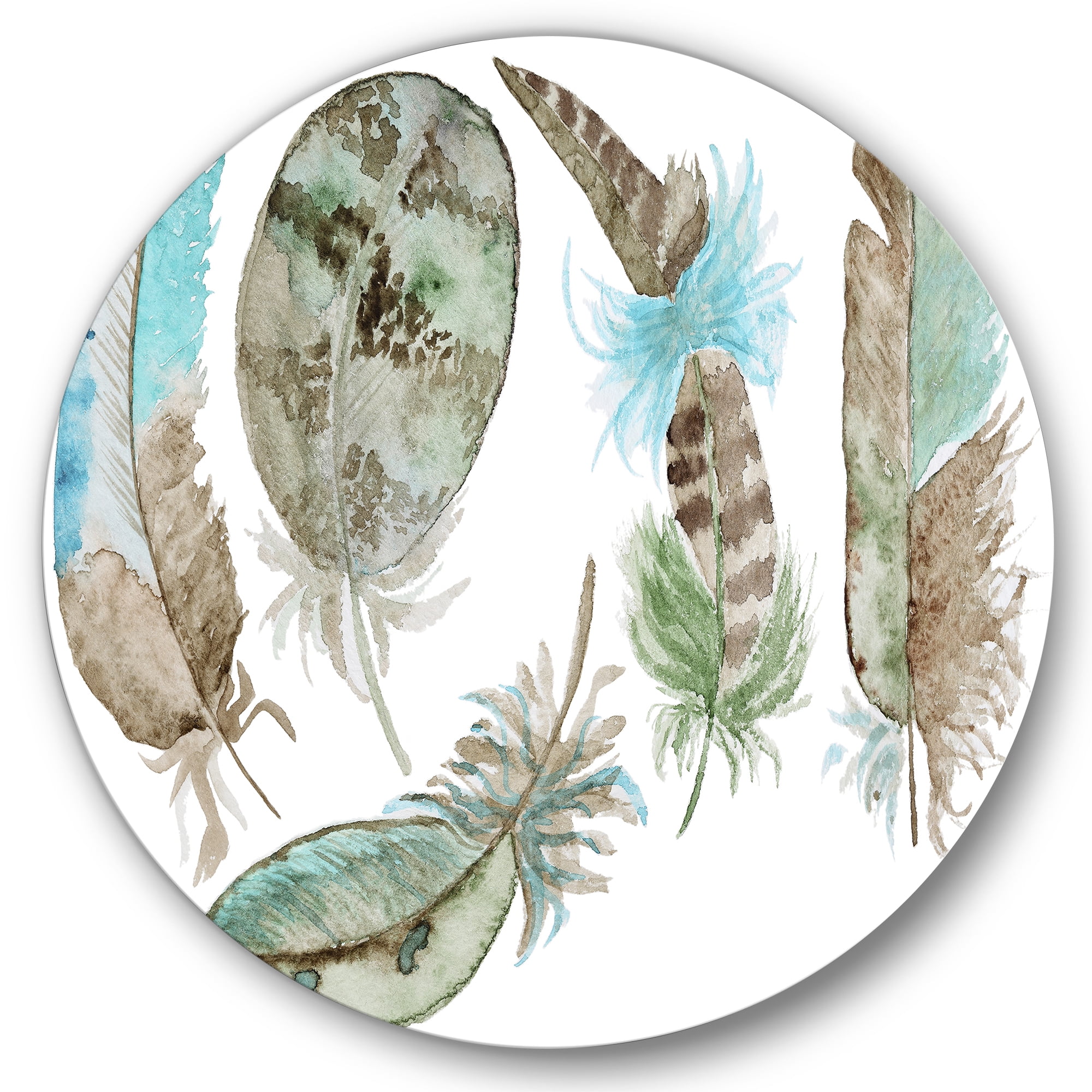 Designart 'Green Feathers Set On White' Bohemian & Eclectic Circle Metal Wall Art 36x36 - Disc of 36