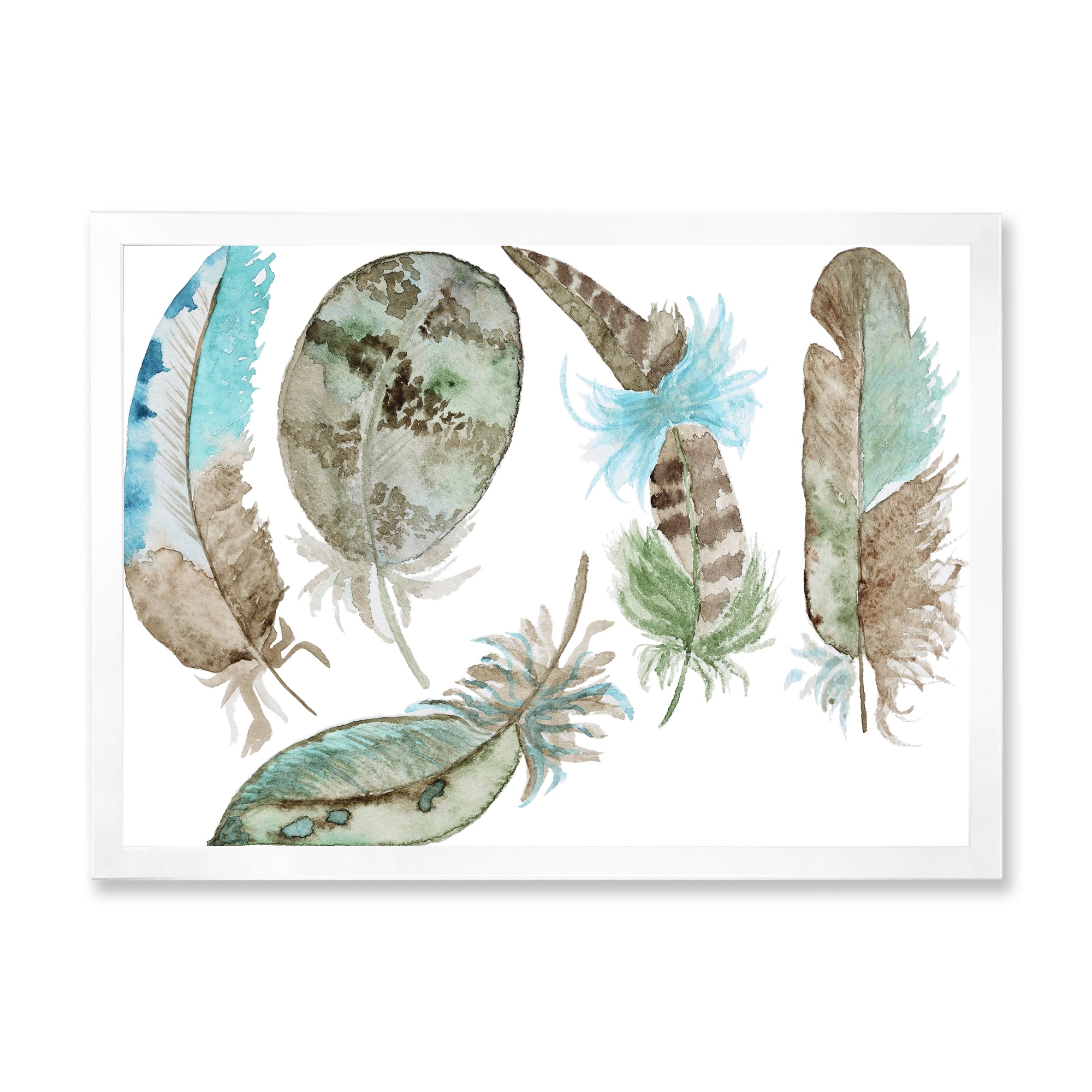 Designart 'Green Feathers Set On White' Bohemian & Eclectic Framed Art Print