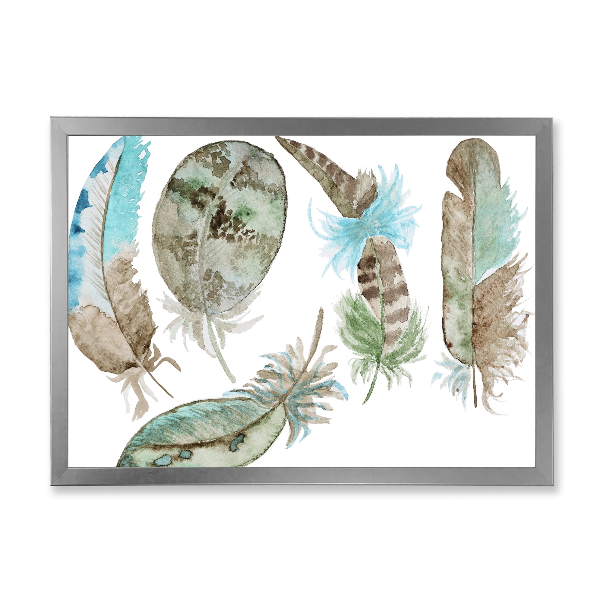 Designart 'Green Feathers Set On White' Bohemian & Eclectic Framed Art Print