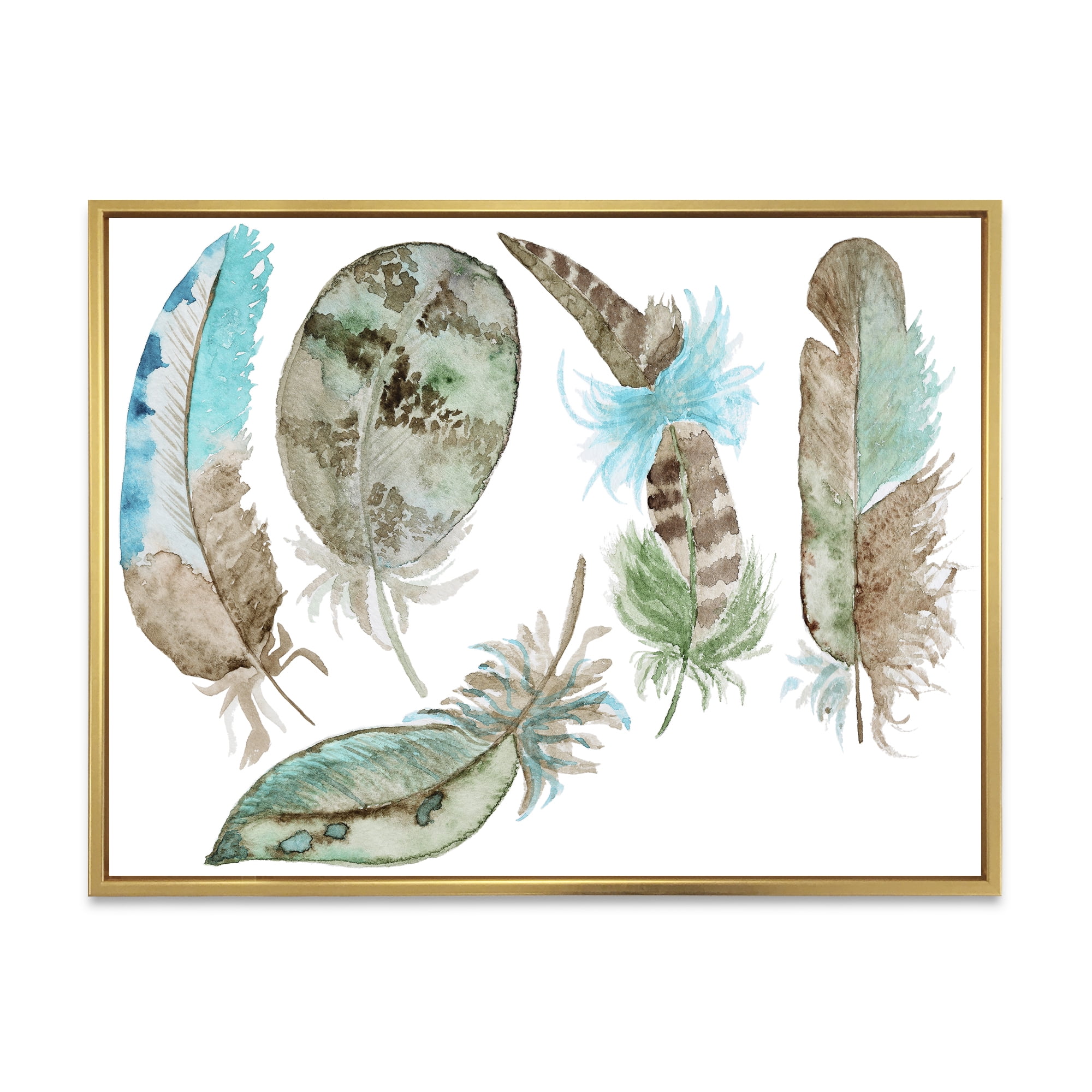 Designart 'Green Feathers Set On White' Bohemian & Eclectic Framed Canvas Wall Art Print
