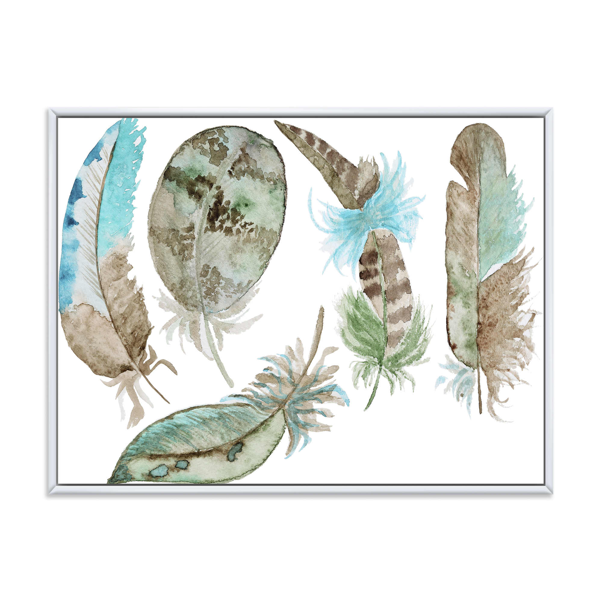 Designart 'Green Feathers Set On White' Bohemian & Eclectic Framed Canvas Wall Art Print