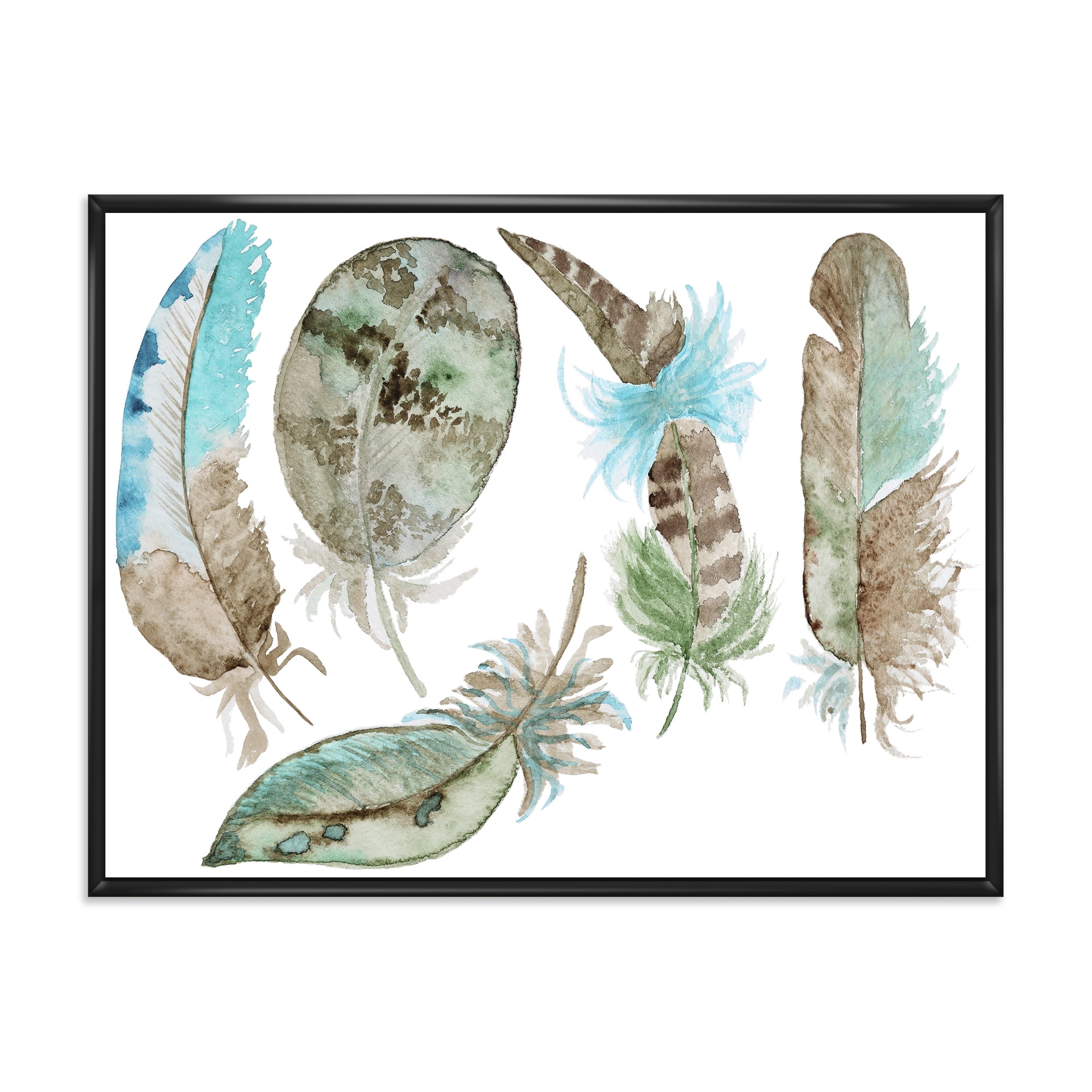 Designart 'Green Feathers Set On White' Bohemian & Eclectic Framed Canvas Wall Art Print