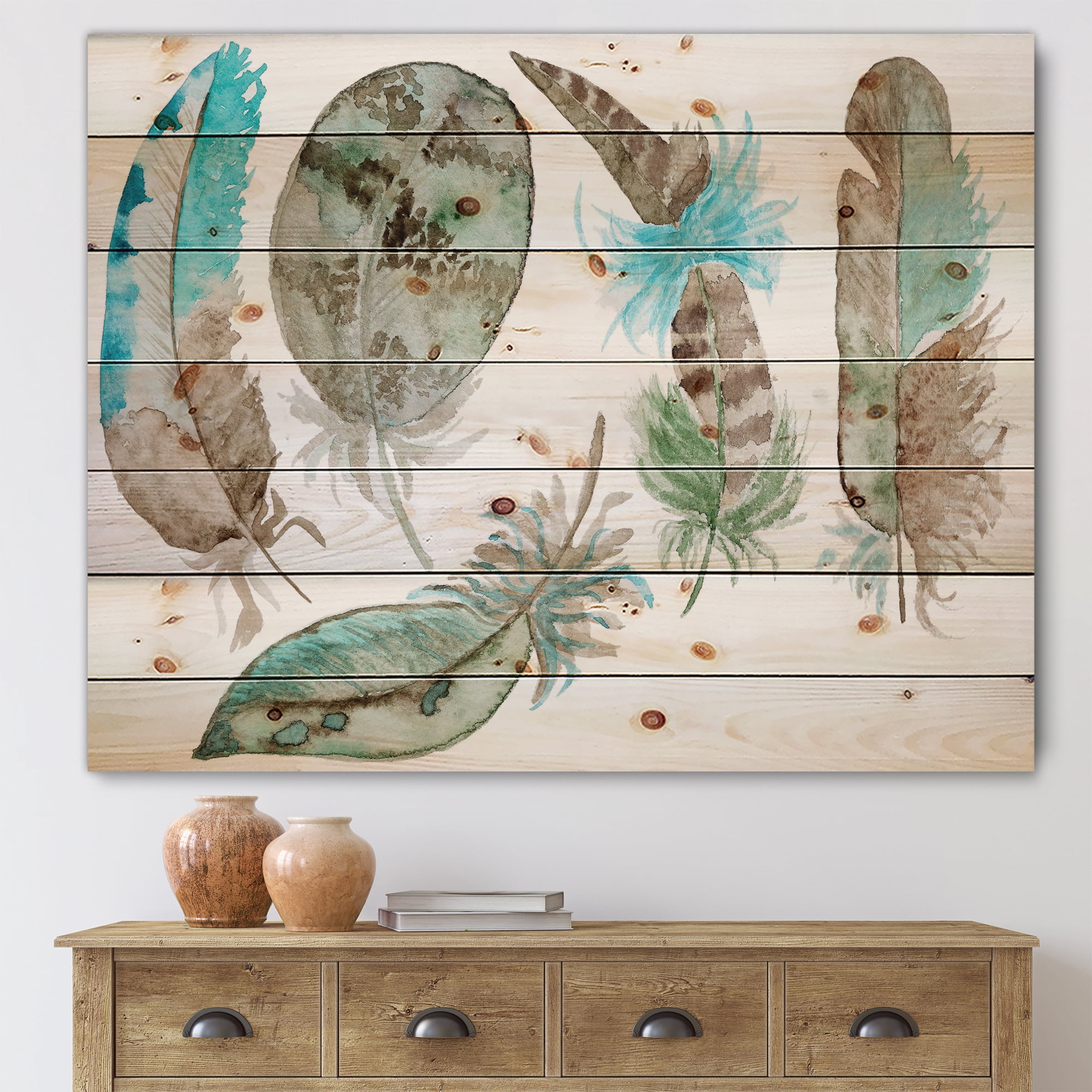 Designart 'Green Feathers Set On White' Bohemian & Eclectic Print on Natural Pine Wood