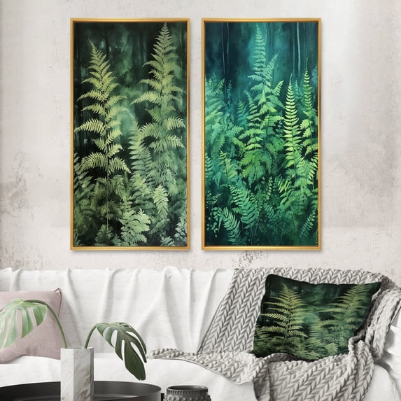 Designart "Green Fern Fonds Nature s Elegance IV" Floral Framed Wall Art Set Of 2 - Green Floral Framed Canvas Set For Living Room Decor