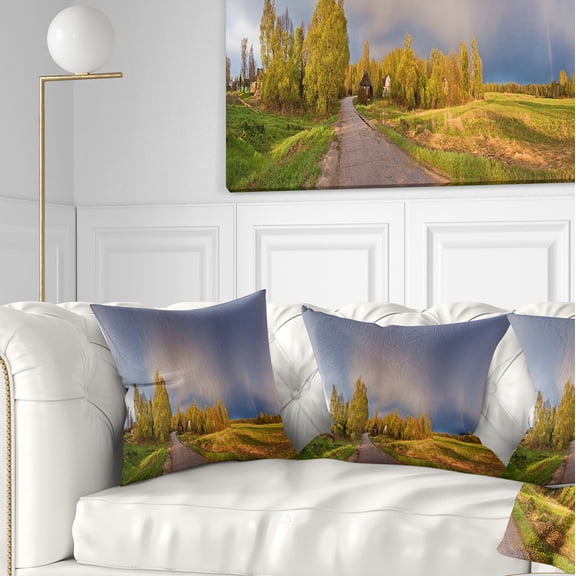 Designart Green Field Under Rainbow Sky - Landscape Photography Throw Pillow - 16x16