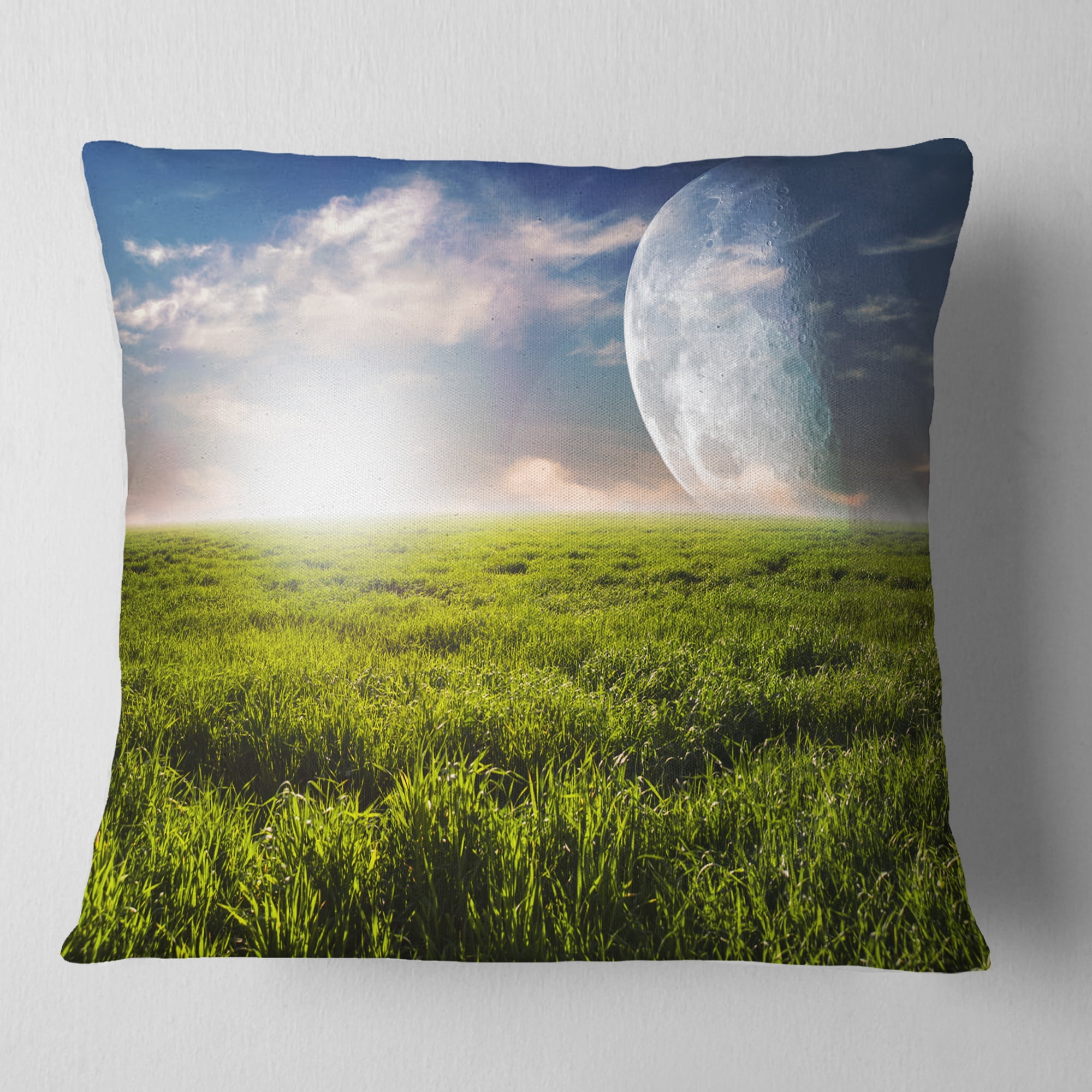Designart Green Field under Bright Sunlight - Landscape Printed Throw Pillow - 16x16