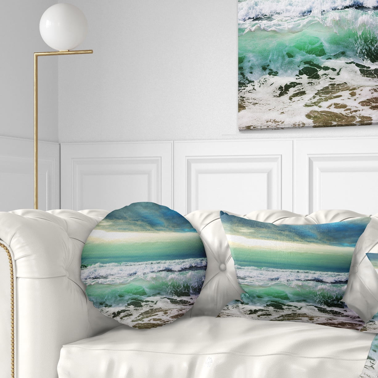 Designart Green Foaming Waves and Blue Sky - Seashore Throw Pillow - 12x20