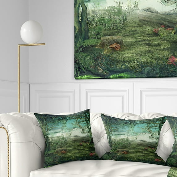 Designart Green Forest Glade - Landscape Printed Throw Pillow - 16x16