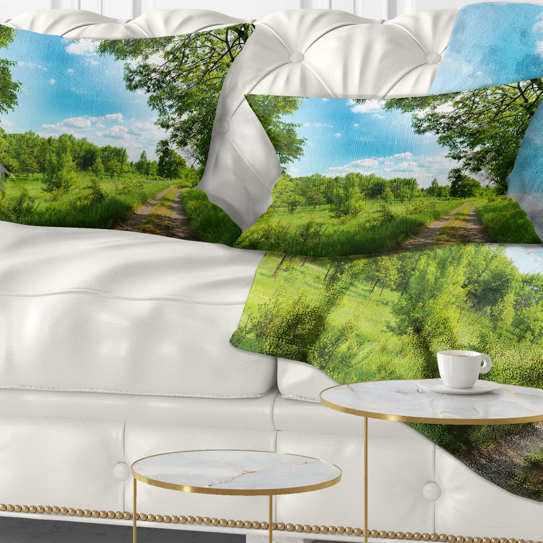 Designart Green Forest Road and Blue Sky - Modern Landscape Printed Throw Pillow - 12x20