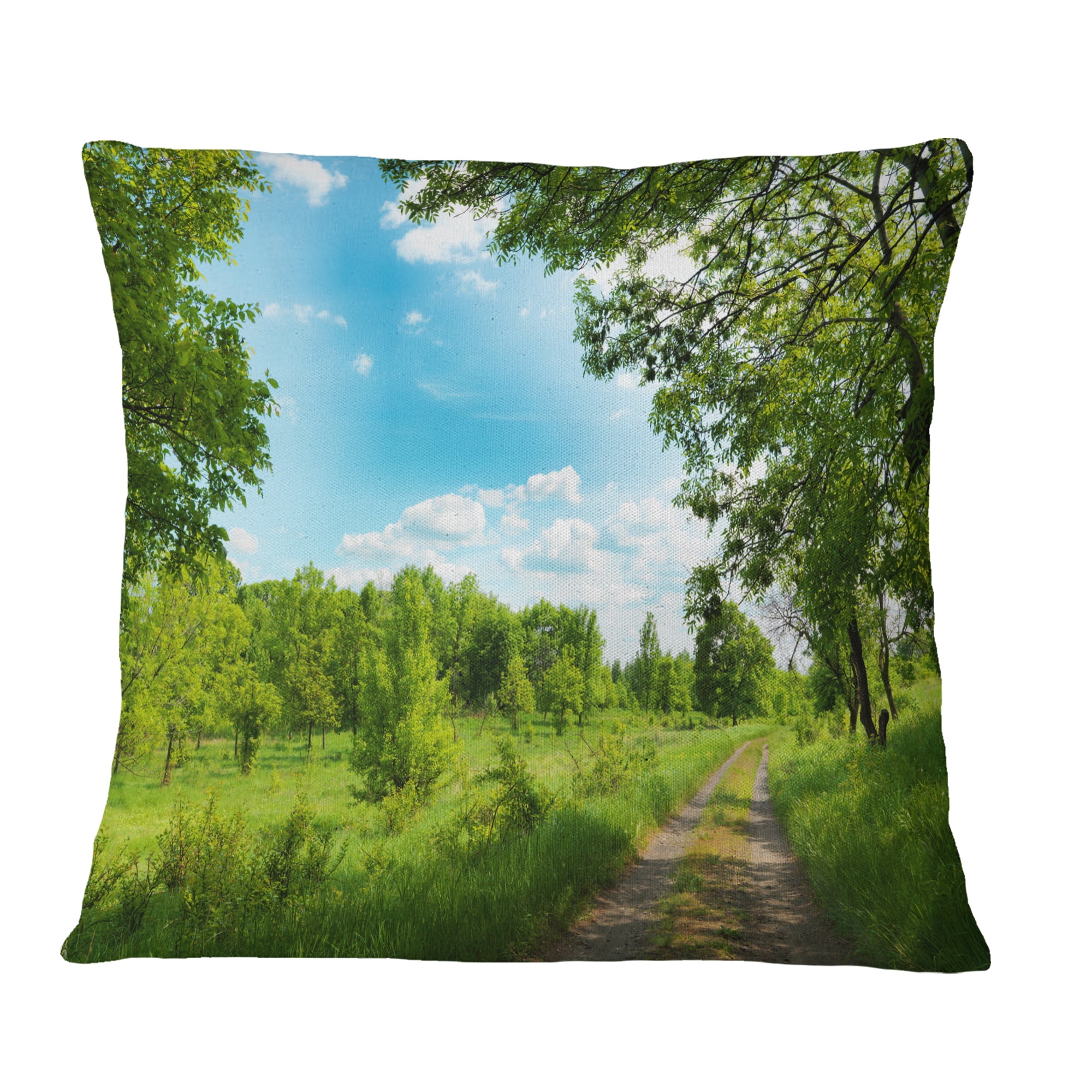 Designart Green Forest Road and Blue Sky - Modern Landscape Printed Throw Pillow - 16x16