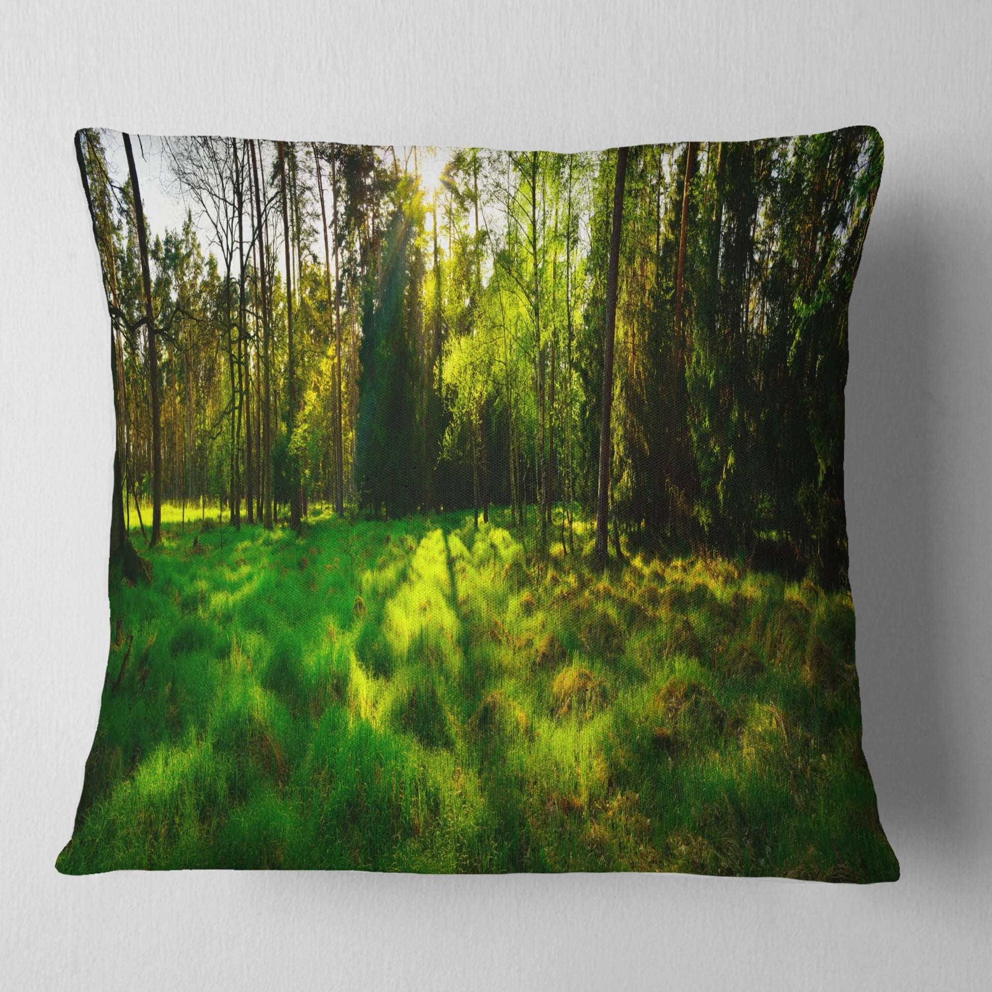 Designart Green Forest Sunset Panorama - Landscape Printed Throw Pillow - 16x16