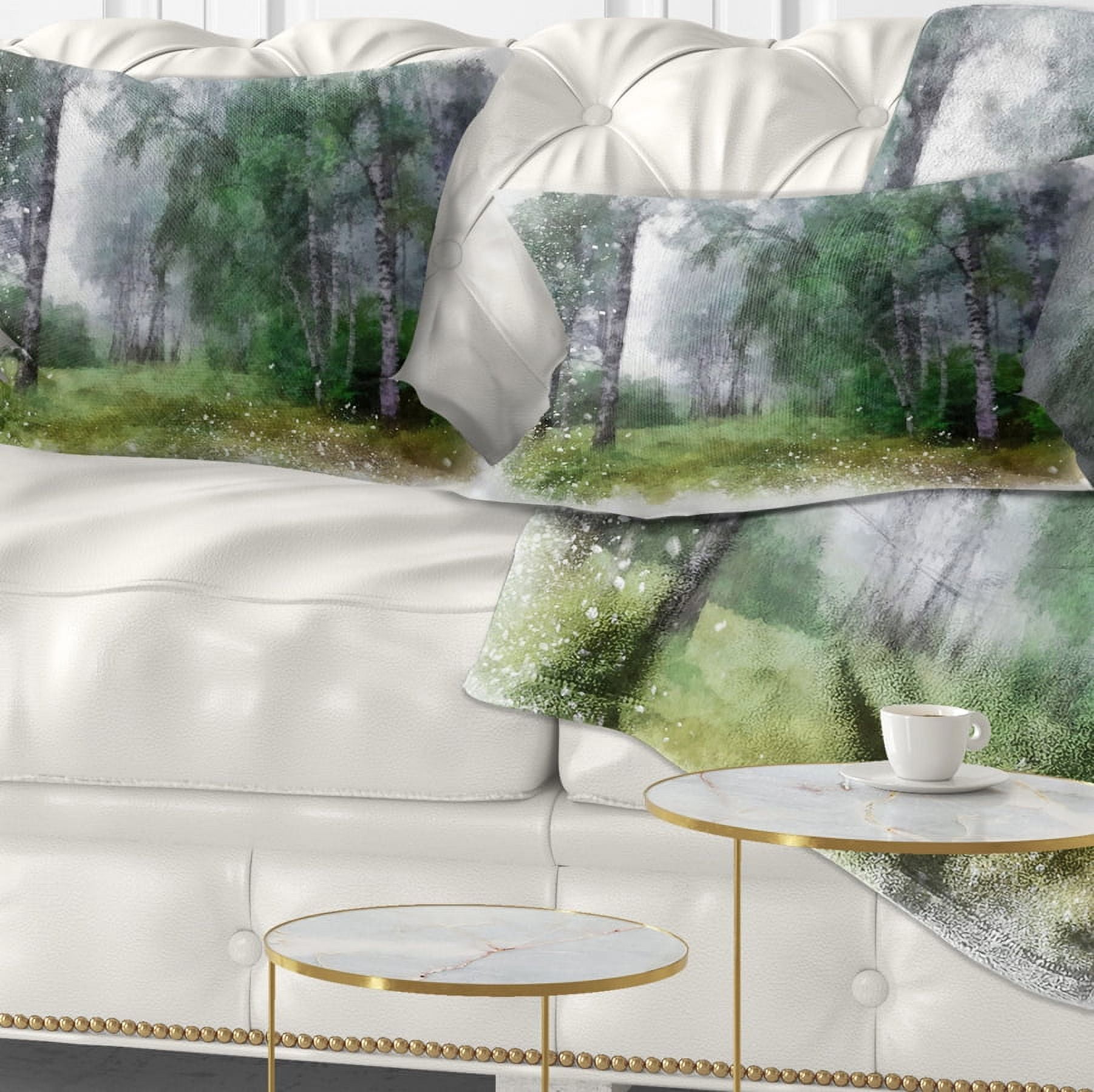 Designart Green Forest Watercolor Drawing - Landscape Printed Throw Pillow - 12x20