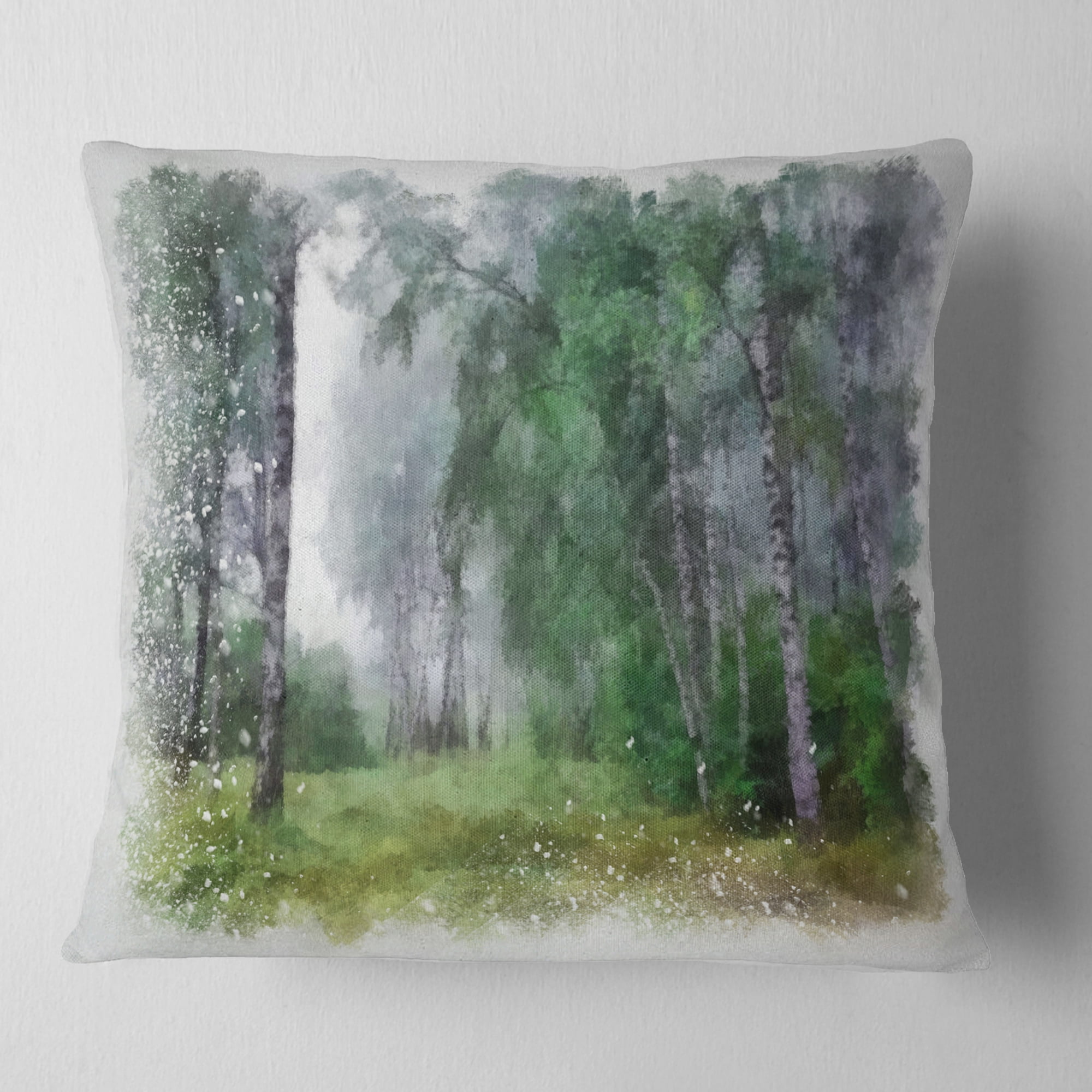 Designart Green Forest Watercolor Drawing - Landscape Printed Throw Pillow - 16x16