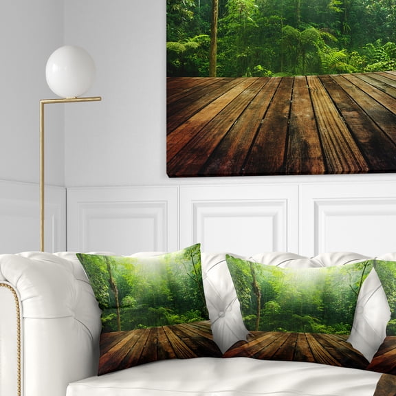 Designart Green Forest with Ray of Light - Landscape Photo Throw Pillow - 16x16
