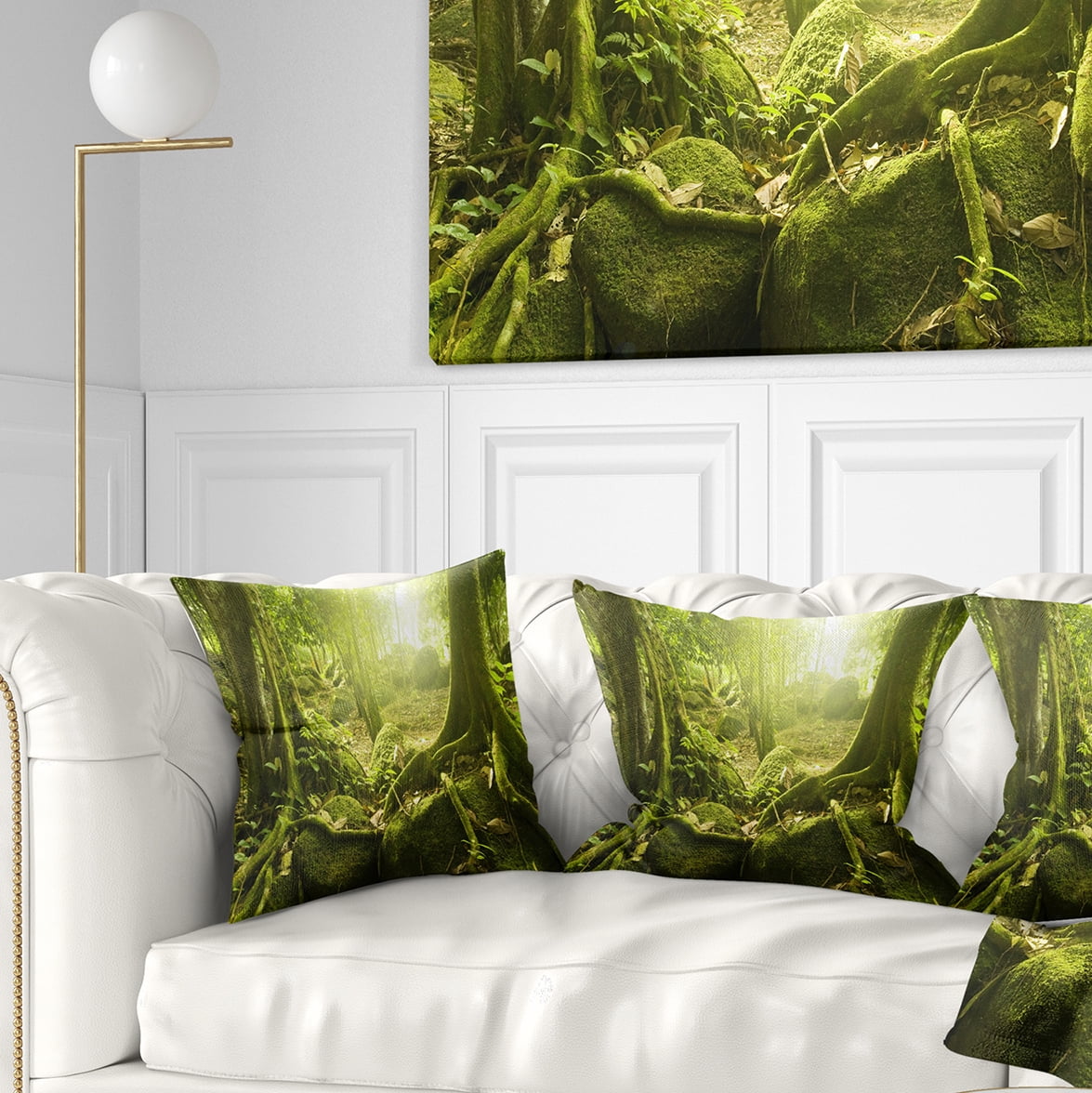 Designart Green Forest with Sun - Landscape Photography Throw Pillow - 18x18