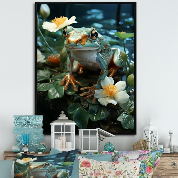 Designart "Green Frog In Glassy Hues I" Frogs & Toads Floater Framed Wall Art Living Room