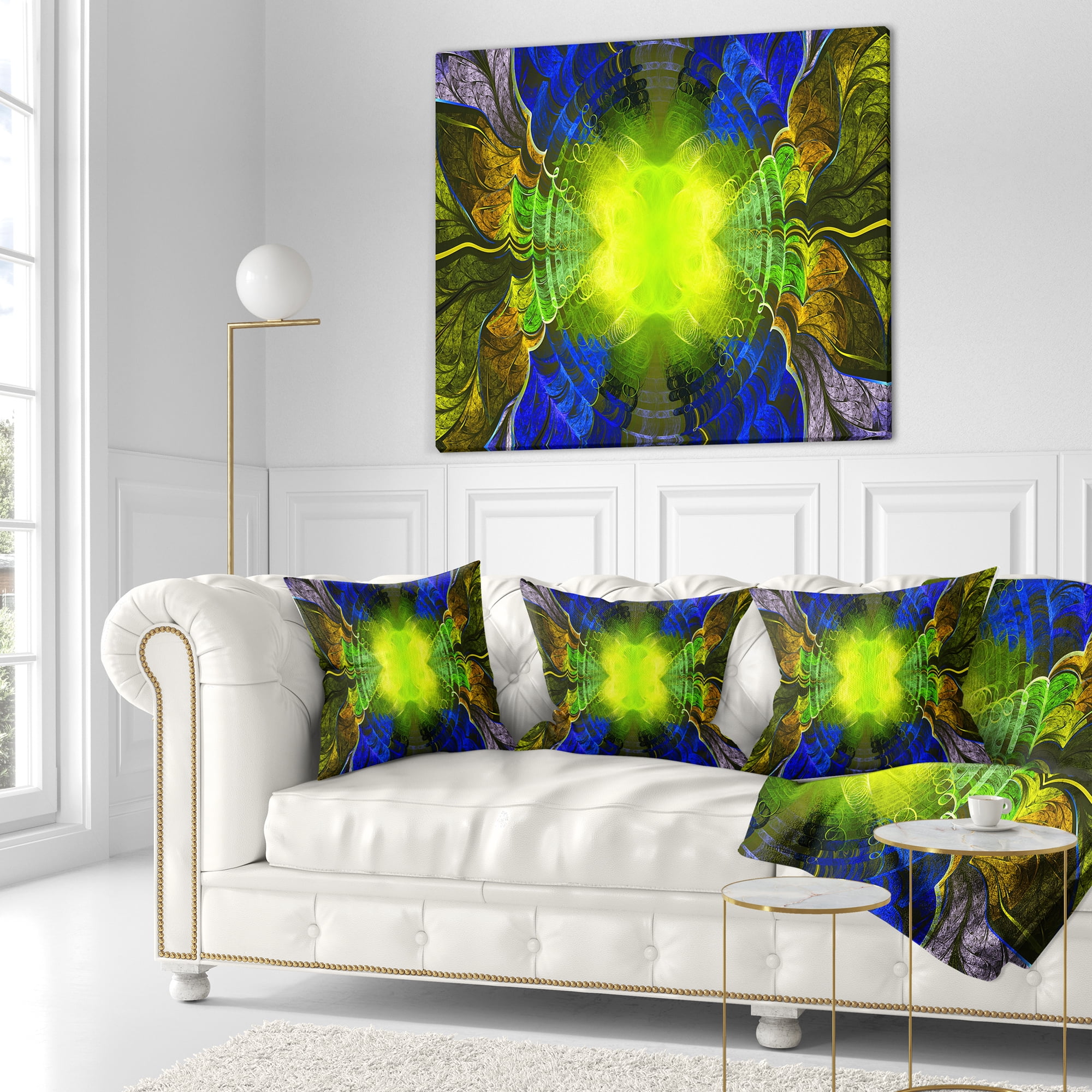 Designart Green Golden Fractal Stained Glass - Abstract Throw Pillow - 16x16