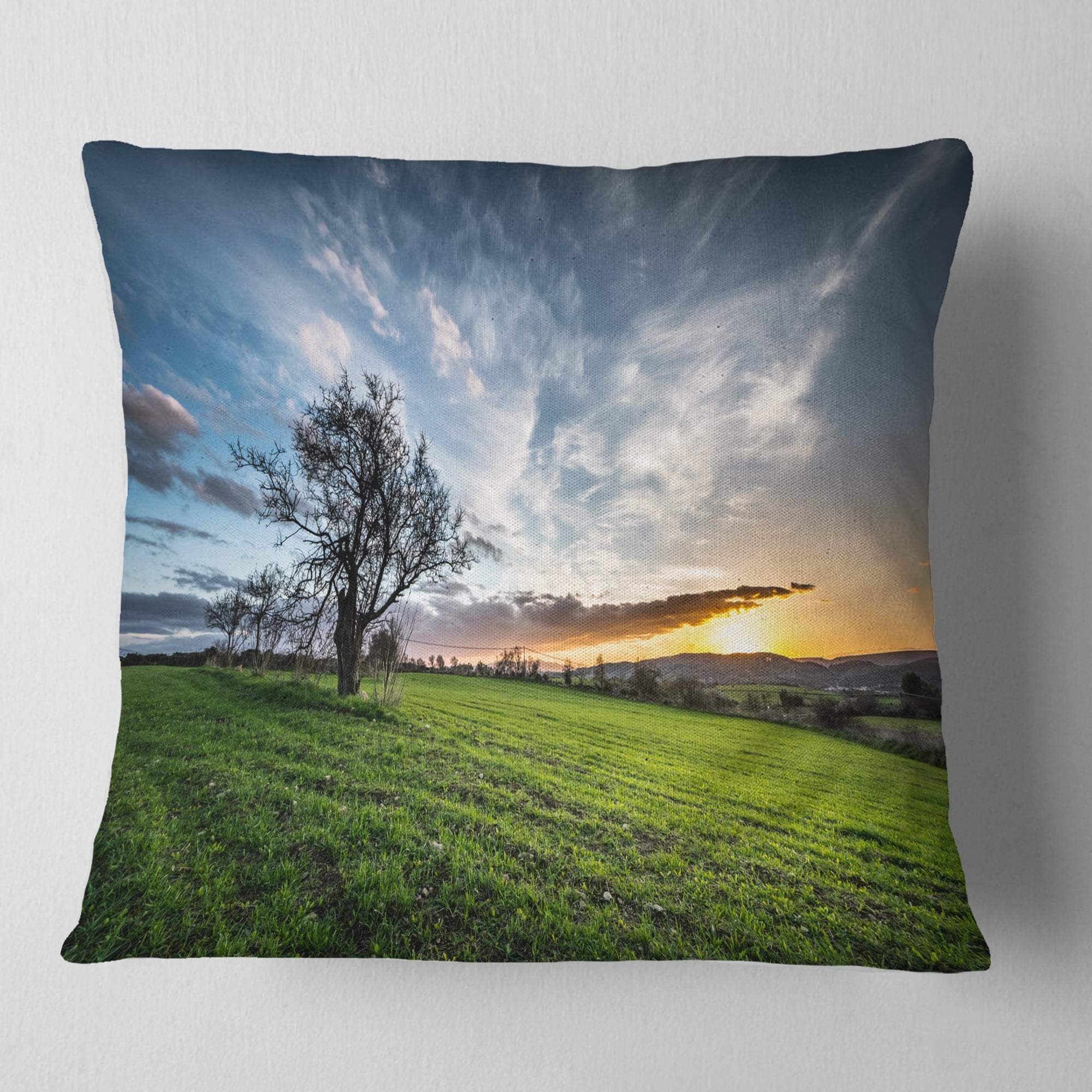Designart Green Grass Field in Sardinia - Landscape Printed Throw Pillow - 18x18