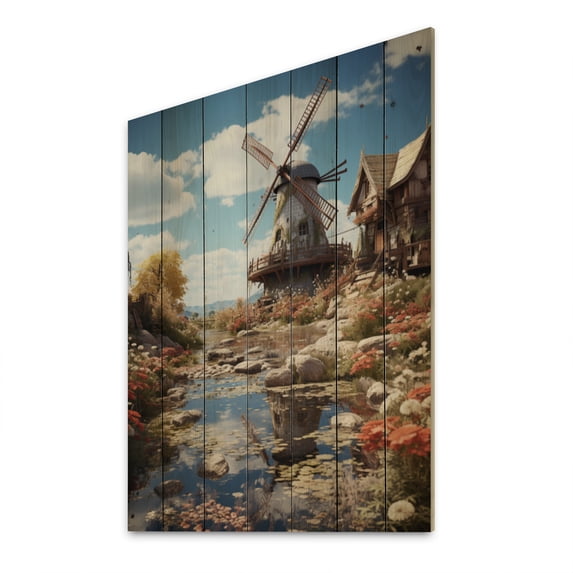 Designart "Green Grey Mills curious Windmill" Cityscapes Print on Natural Pine Wood
